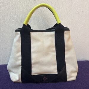 India Hicks Bag Womens Beige Black Canvas Tote Handle Structured Modern Purse